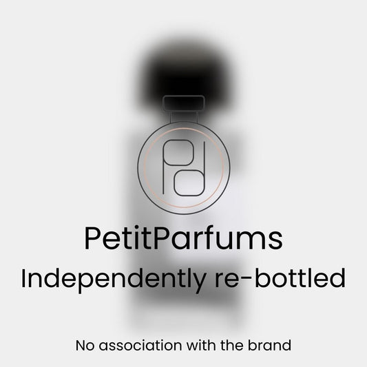 Gris Charnel EDP Sample in a sleek bottle with a black cap, featuring a logo indicating that it is independently re-bottled by PetitParfums with no association to the original brand.