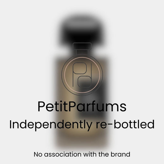 A small sample bottle of 'Gris Charnel EXDP,' independently re-bottled by PetitParfums, featuring a sleek design with a dark cap. The label indicates no association with the original brand.