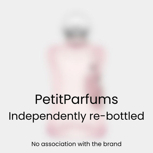 A close-up of a re-bottled Delina La Rosee sample, featuring a soft pink bottle with a sleek design, set against a neutral background. The label indicates it is from PetitParfums, independently re-bottled with no brand association.