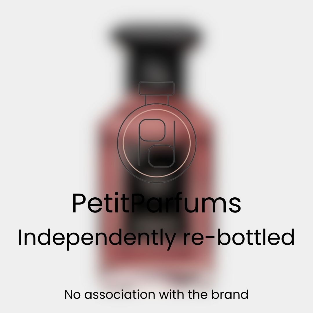 A blurred image of a Cherry Oud Sample bottle, featuring a dark label and a sleek design, indicating it has been independently re-bottled with no association to the original brand.