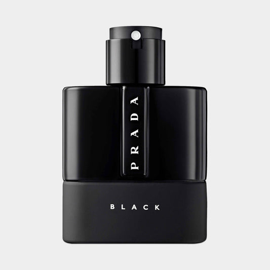 A sleek black fragrance bottle labeled Prada Luna Rossa Black Sample, featuring a minimalist design and a stylish cap.