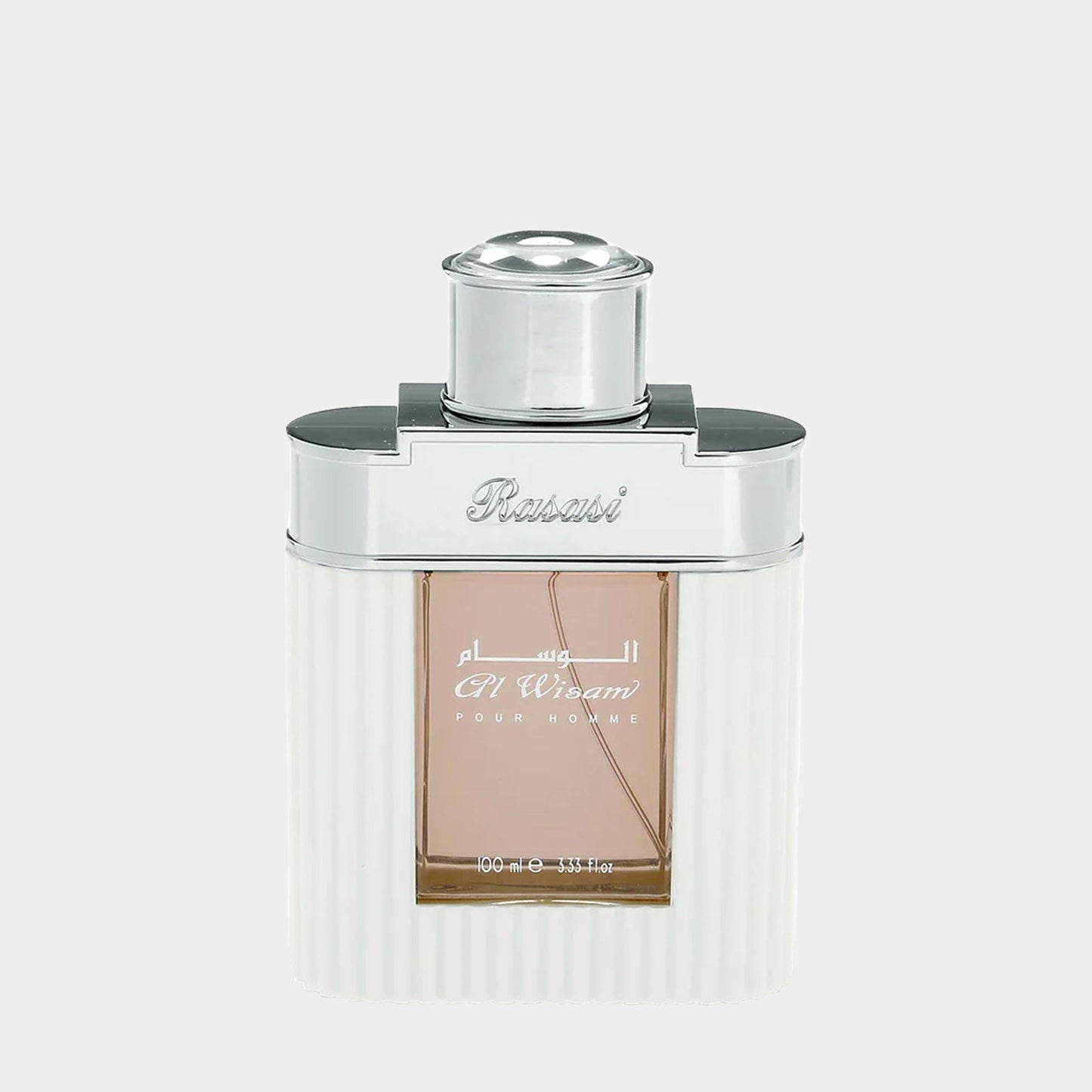 A sample bottle of Rasasi Al Wisam Day perfume, featuring a sleek white and silver design with a sophisticated cap, highlighting its elegant and refined aesthetic.