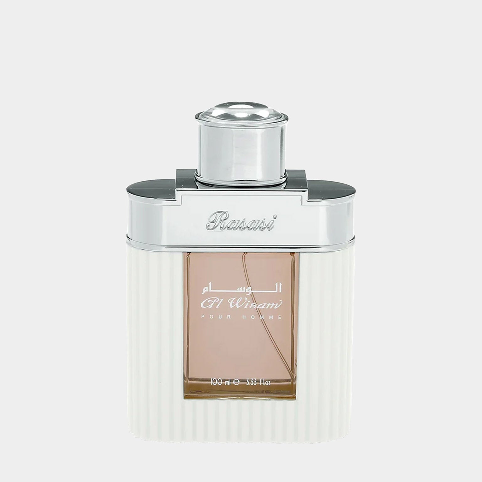 A sample bottle of Rasasi Al Wisam Day perfume, featuring a sleek white and silver design with a sophisticated cap, highlighting its elegant and refined aesthetic.