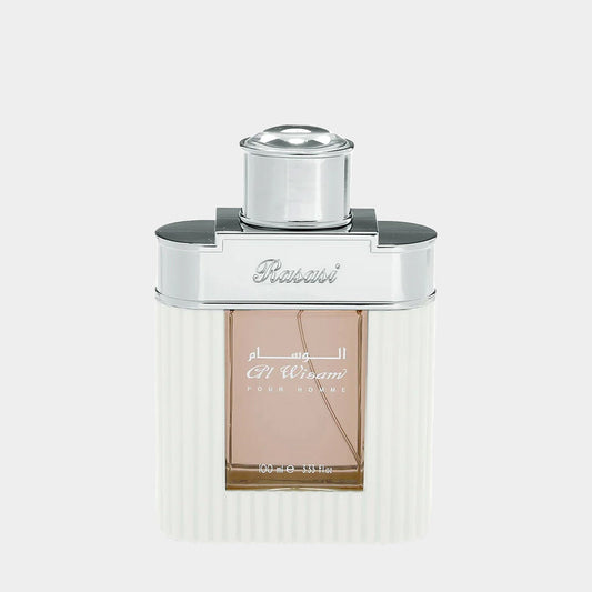 A sample bottle of Rasasi Al Wisam Day perfume, featuring a sleek white and silver design with a sophisticated cap, highlighting its elegant and refined aesthetic.