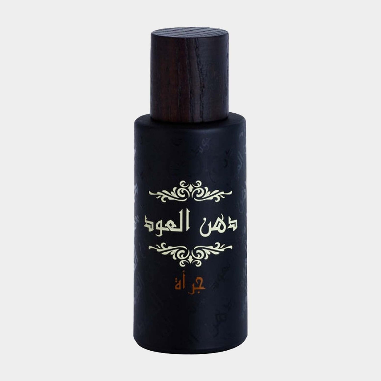Rasasi Dhan Al Oudh Jurrah Sample is a sleek, dark bottle with an ornate design and a wooden cap, showcasing the luxurious fragrance within.
