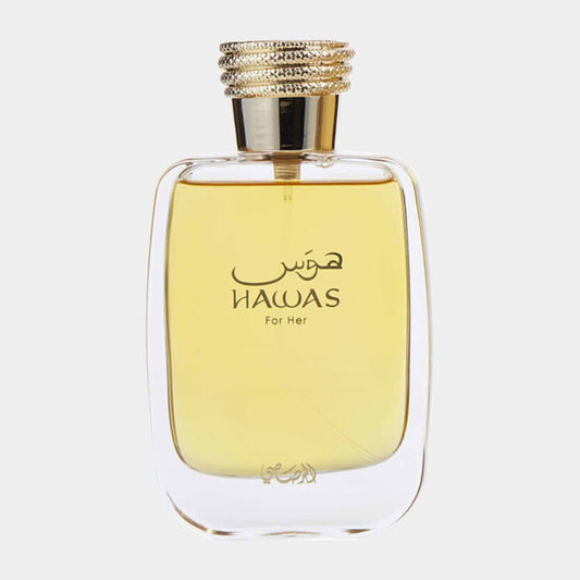 A clear glass bottle of Rasasi Hawas for Her Sample, featuring a golden cap and elegantly curved design, containing a light yellow fragrance.