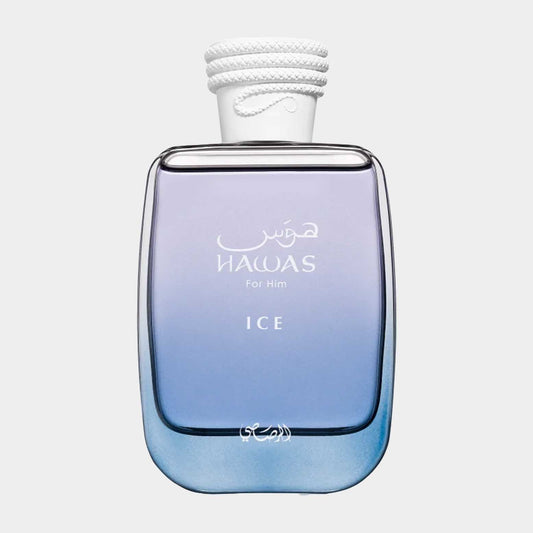 Rasasi Hawas Ice for Him Sample is a sleek fragrance bottle featuring a cool gradient of blue and white, designed for a refreshing and invigorating scent experience. The bottle is elegantly shaped, with a textured white rope detail at the top.