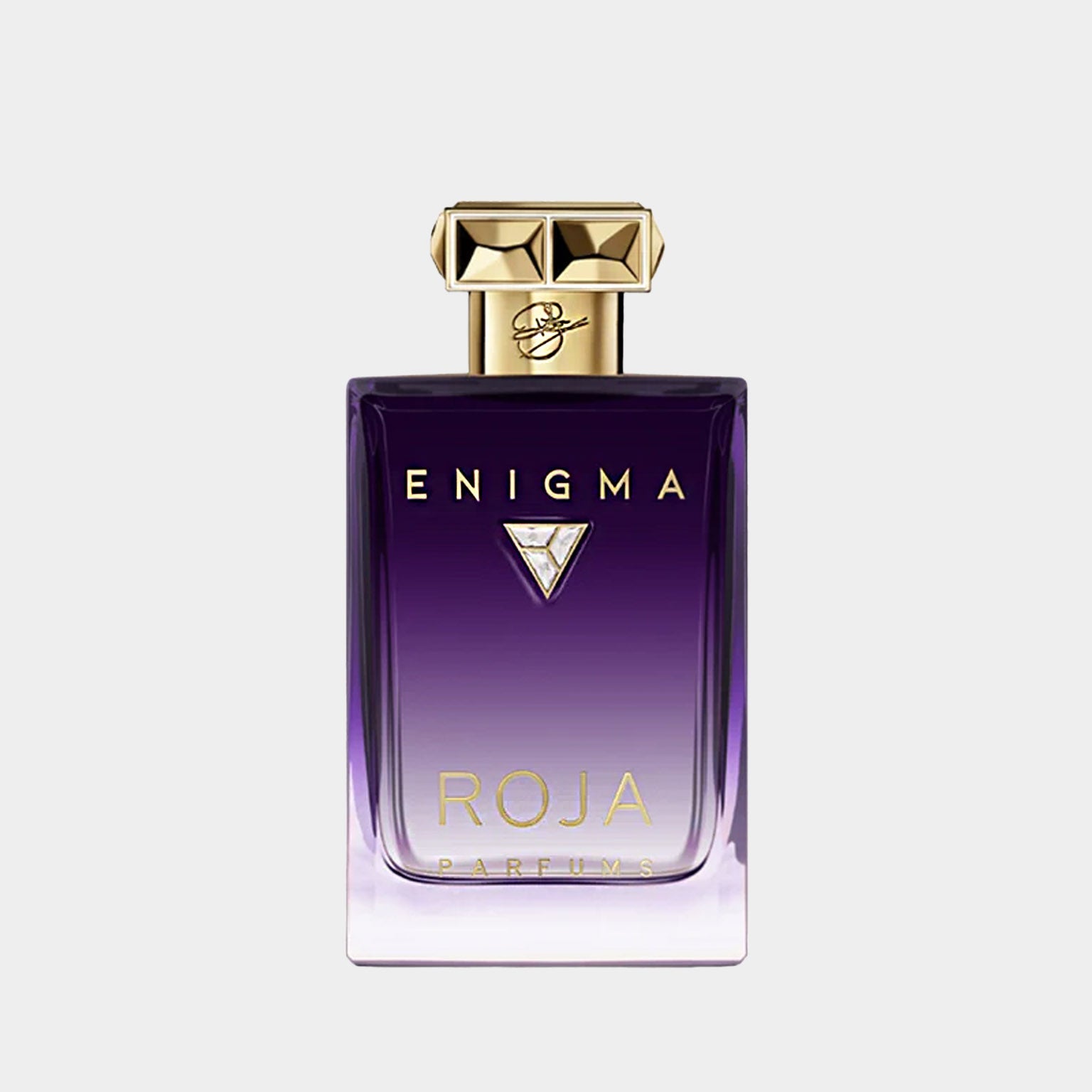 Roja Dove Enigma Pour Femme Essence De Parfum Sample features an elegant glass bottle with a gradient purple hue, adorned with a gold cap and diamond detailing. This luxurious fragrance captures a sense of mystery and sophistication.