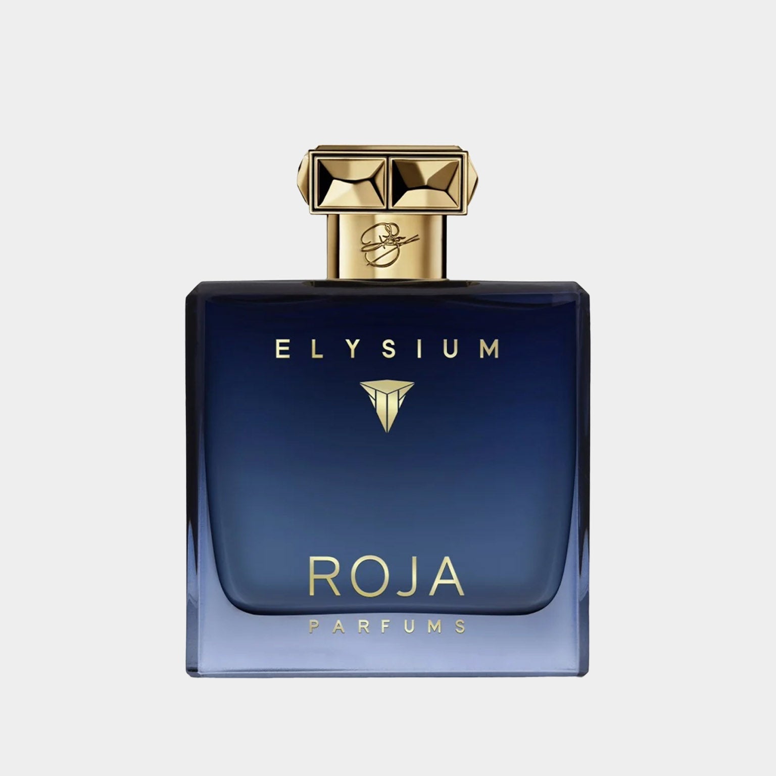 A sleek, midnight blue cologne bottle labeled Roja Dove Elysium Pour Homme featuring a gold cap and elegant design, embodying luxury and sophistication.