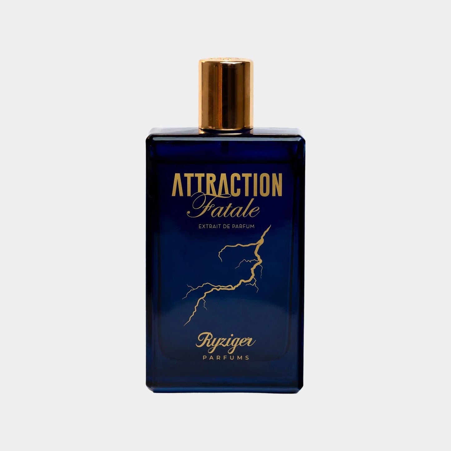 A sleek blue bottle of Ryziger Attraction Fatale Sample perfume, featuring a stylish gold cap and elegant typography on the front, showcasing the fragrance's luxurious design.