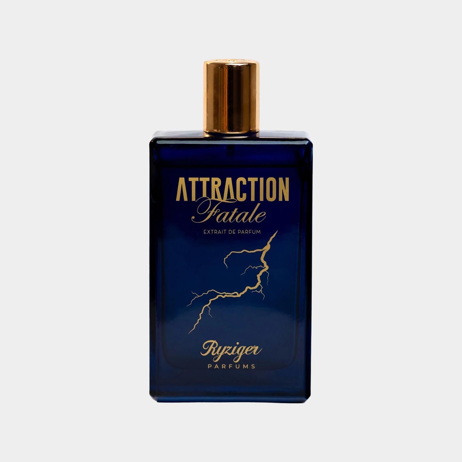 A sleek blue bottle of Ryziger Attraction Fatale Sample perfume, featuring a stylish gold cap and elegant typography on the front, showcasing the fragrance's luxurious design.
