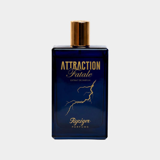 A sleek blue bottle of Ryziger Attraction Fatale Sample perfume, featuring a stylish gold cap and elegant typography on the front, showcasing the fragrance's luxurious design.