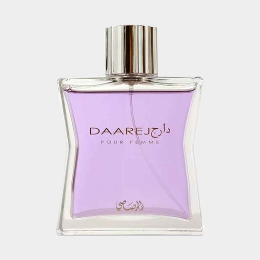 Rasasi Daarej Pour Homme Sample, featuring a distinctive angular glass bottle with a silver cap and a light purple liquid inside.
