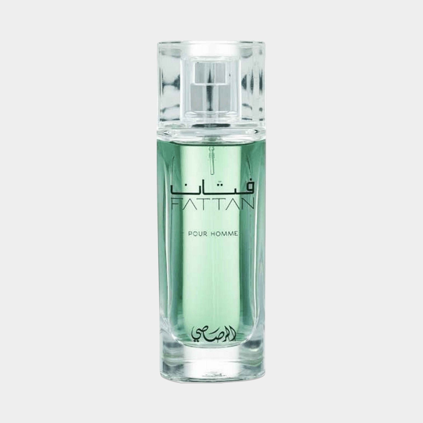 Rasasi Fattan Sample is a sleek glass perfume bottle with a turquoise hue, designed for men, showcasing the elegant branding in Arabic. The bottle features a spray nozzle for easy application.