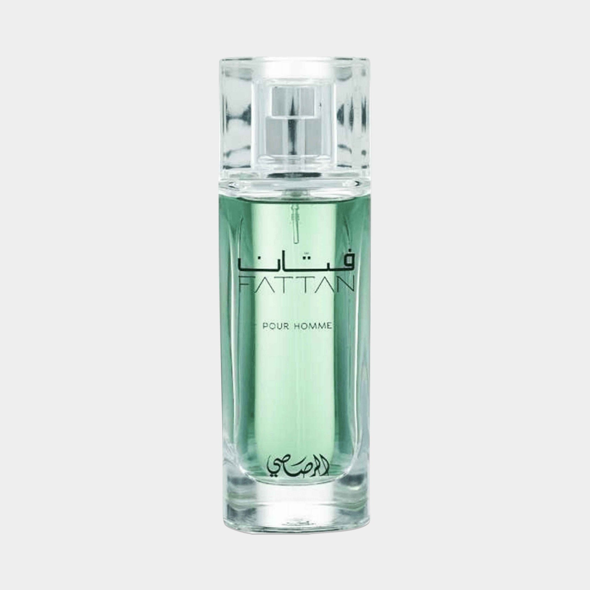 Rasasi Fattan Sample is a sleek glass perfume bottle with a turquoise hue, designed for men, showcasing the elegant branding in Arabic. The bottle features a spray nozzle for easy application.