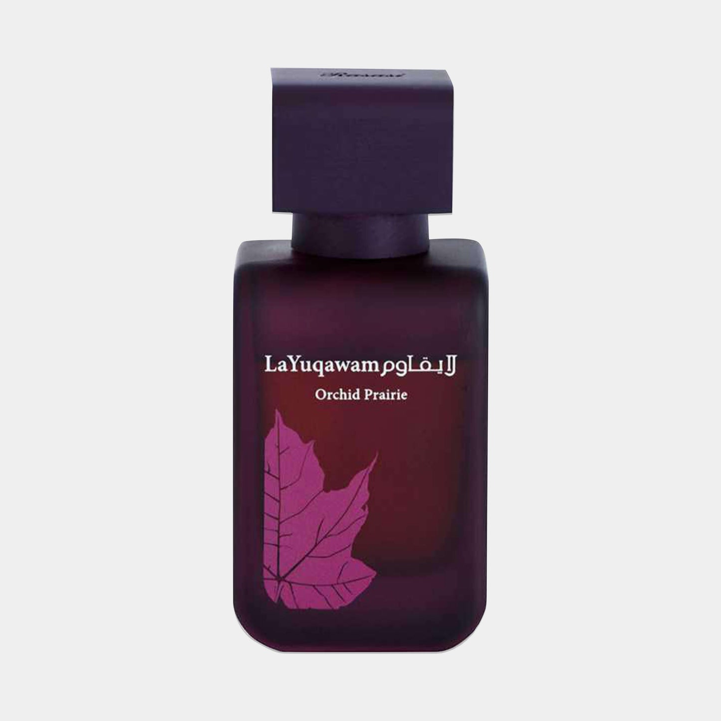 A sleek dark bottle of Rasasi La Yuqawam Orchid Prairie perfume, featuring an elegant purple leaf design and a sophisticated square cap. The fragrance embodies floral and earthy notes, perfect for a memorable scent experience.