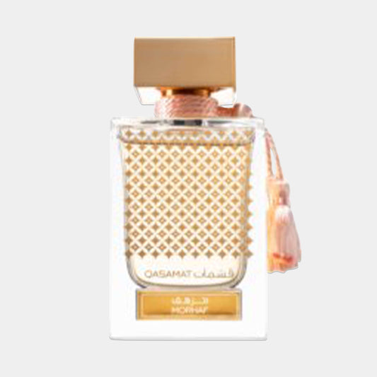 Rasasi Qasamat Morhaf Sample, a luxurious perfume in a clear glass bottle with an ornate golden cap and a decorative tassel.