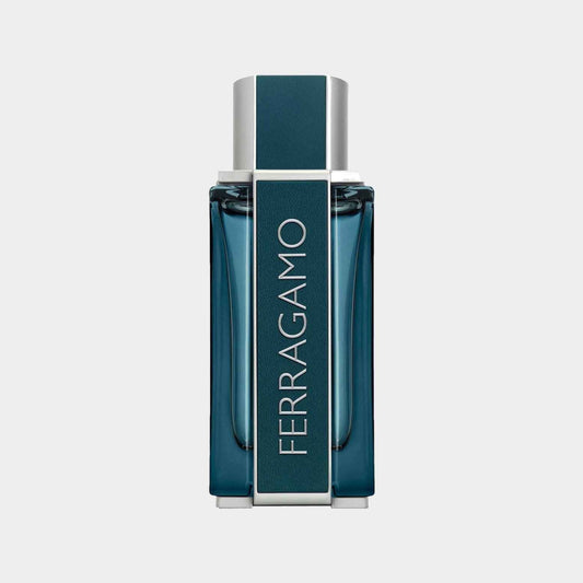A sleek, rectangular bottle of Salvatore Ferragamo Intense Leather Sample, featuring a deep blue glass design and a modern silver cap. The label prominently displays the Ferragamo name in elegant lettering.