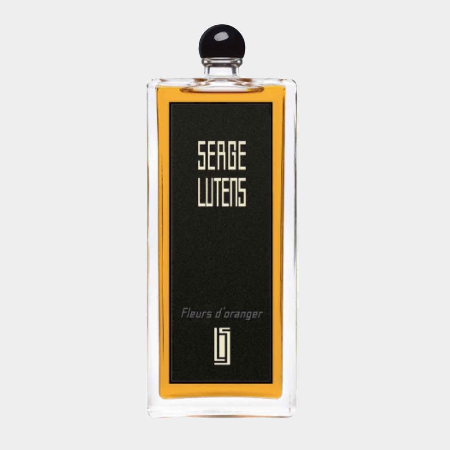 Serge Lutens Fleurs D'Oranger EDP sample featuring a sleek glass bottle with a bold black label and gold accents, exuding an elegant and floral essence.