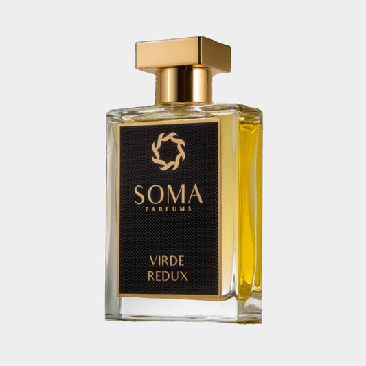 Soma Parfums Virde Redux Sample is an elegant glass perfume bottle featuring a sleek design with a gold cap. The fragrance showcases a rich, aromatic blend suitable for everyday wear.
