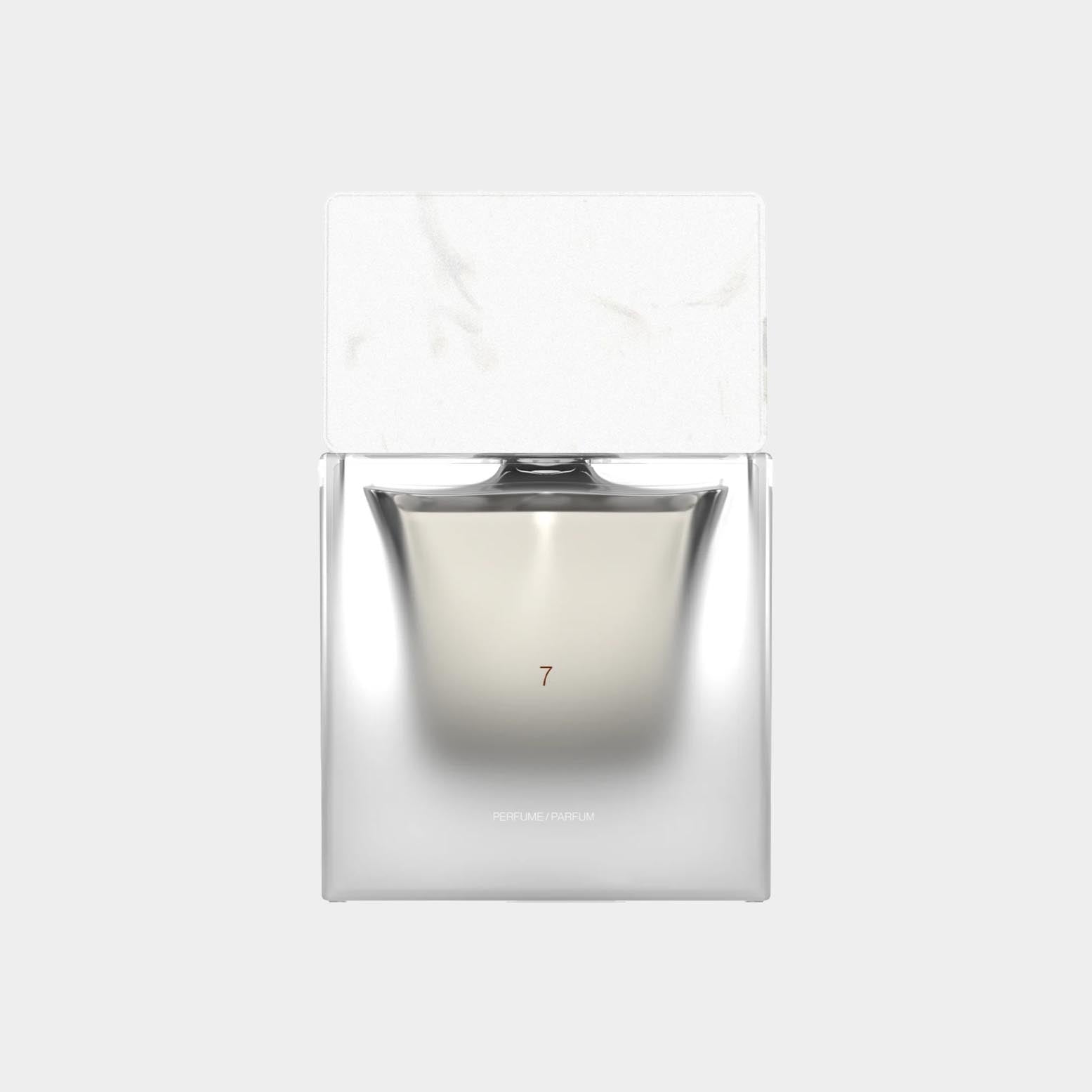 Elegant Sora Dora 7 Sample perfume bottle with a minimalist design, featuring a translucent glass base and a marble-patterned cap.