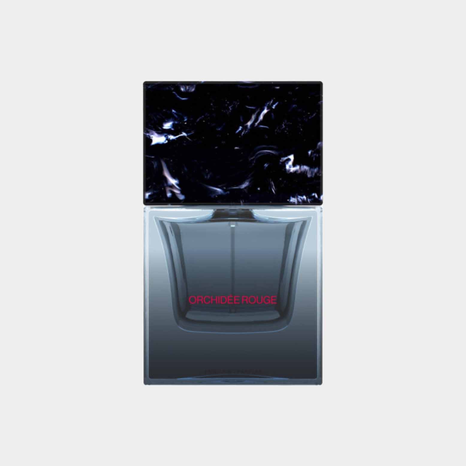 Sora Dora Orchidee Rouge full bottle featuring a sleek design with a dark marble cap and a clear glass body, highlighted by bold red lettering.