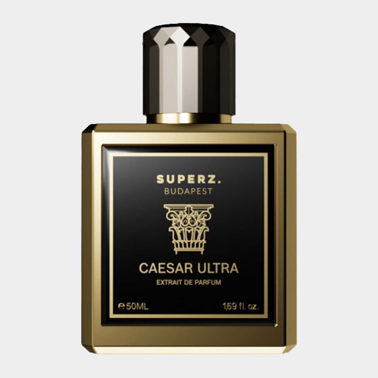 A sleek, gold and black bottle of Superz Caesar Ultra full perfume, featuring an ornate design and a stylish cap. The label indicates it is an extrait de parfum, containing 50ml of the fragrance.