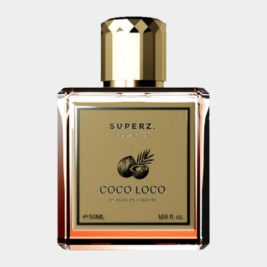 A bottle of Superz Coco Loco Sample perfume, featuring a sleek design with a gold cap and a label showcasing the brand name and fragrance. The bottle contains 50ml of the perfume extract.