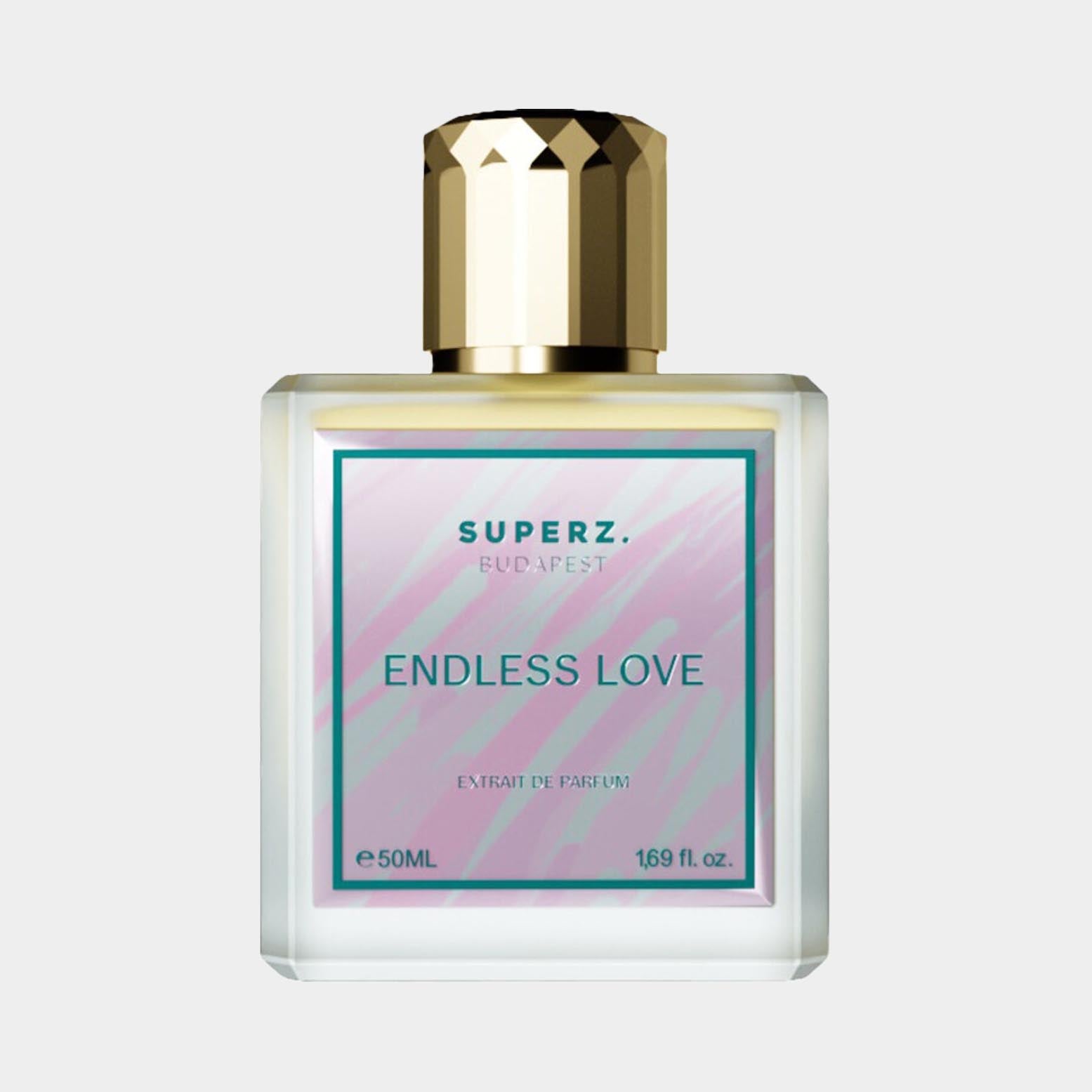 A full bottle of Superz Endless Love perfume, featuring a chic design with a gold cap and a pastel-hued label, containing 50ml of extrait de parfum.