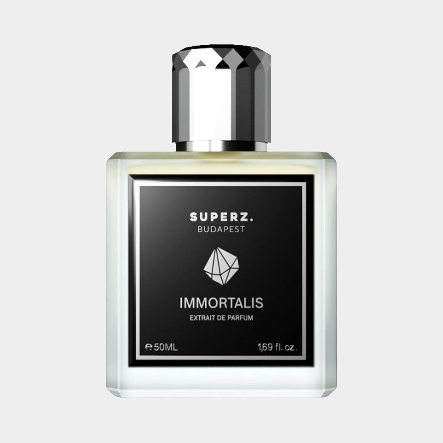 A sleek glass perfume bottle labeled Superz Immortalis Sample, featuring a geometric design on the front and a stylish cap. The bottle holds 50 mL of fragrant extrait de parfum.