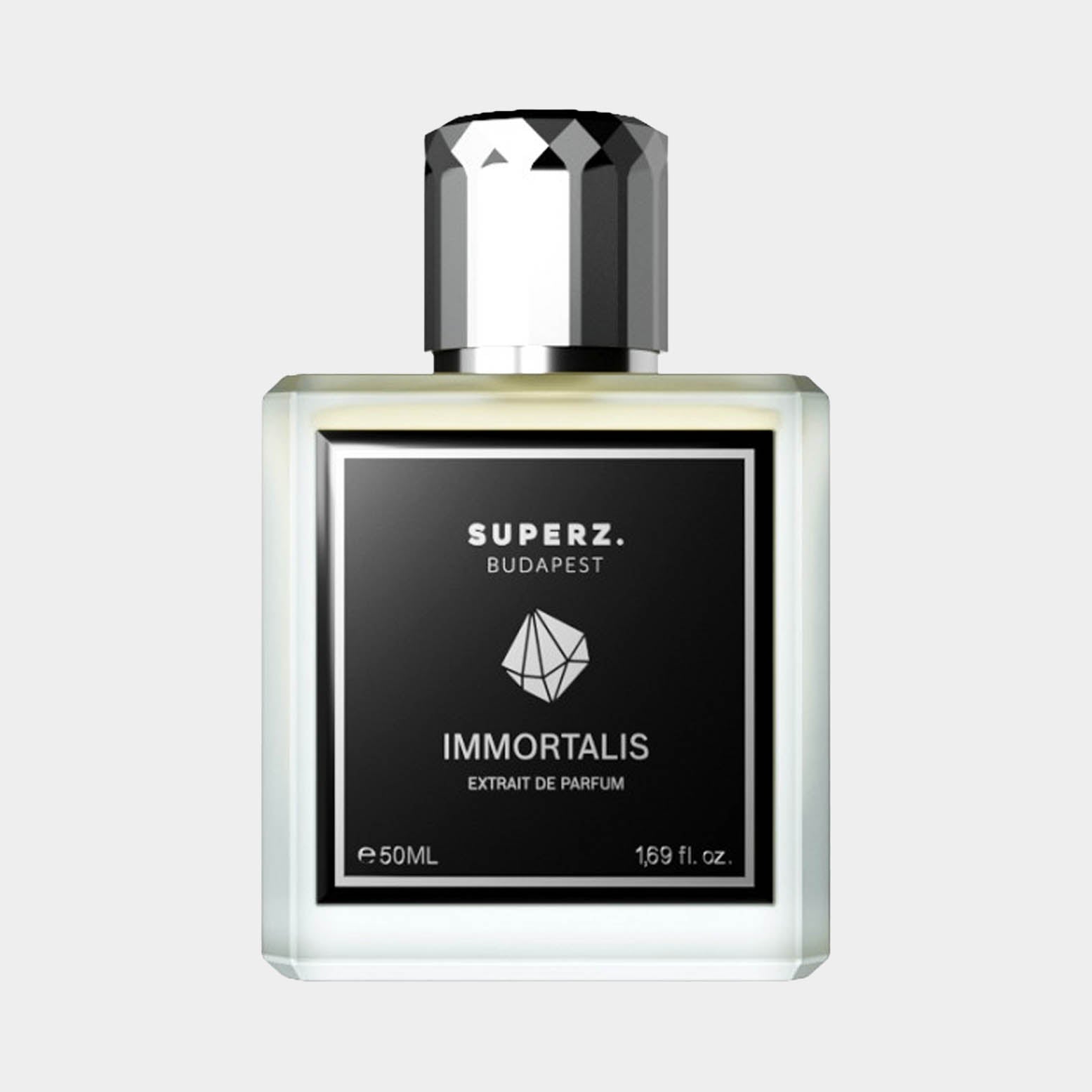 A sleek glass perfume bottle labeled Superz Immortalis Sample, featuring a geometric design on the front and a stylish cap. The bottle holds 50 mL of fragrant extrait de parfum.
