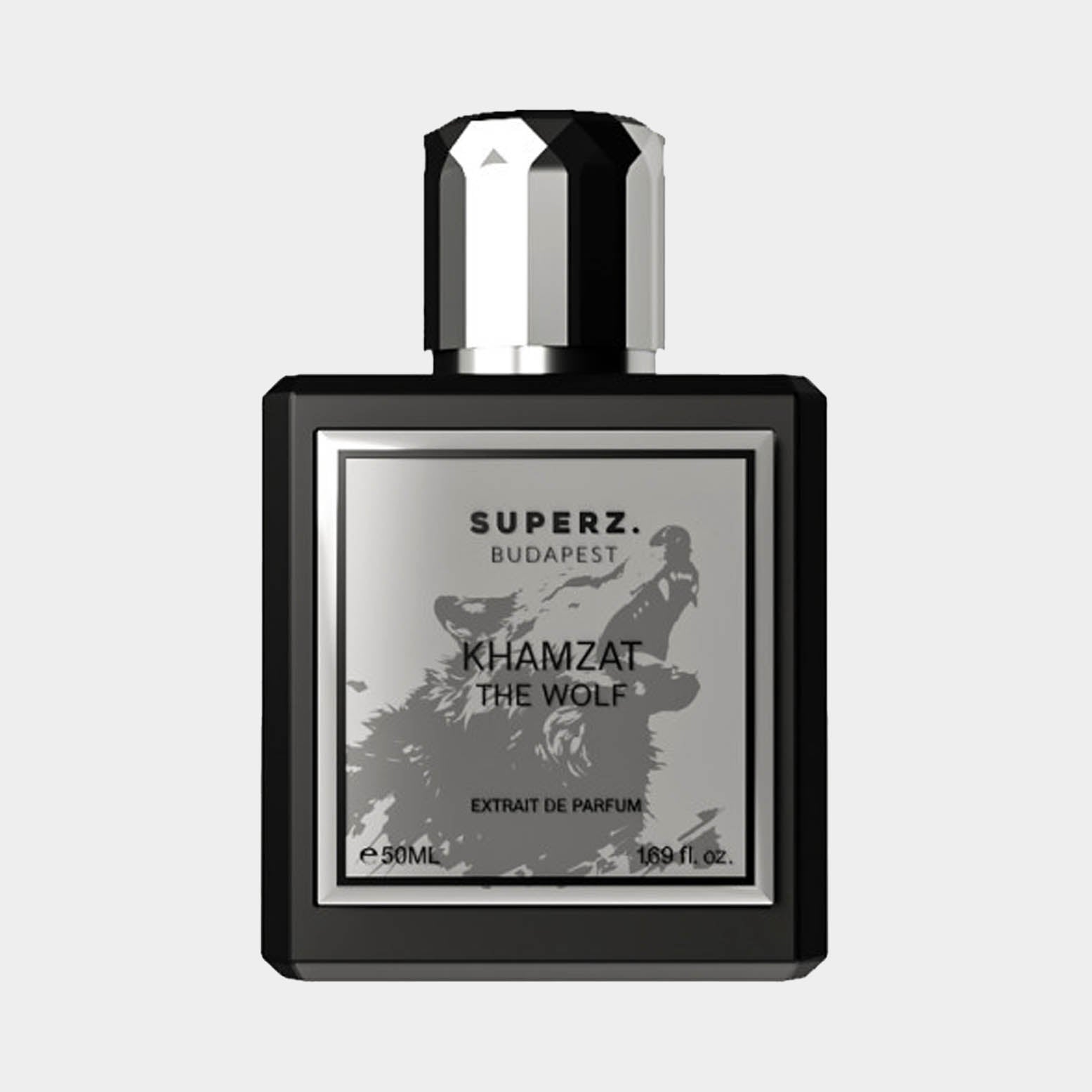 A full bottle of Superz Khamzat The Wolf fragrance, featuring a sleek black design with a silver label depicting a wolf. The bottle holds 50 mL of extrait de parfum.