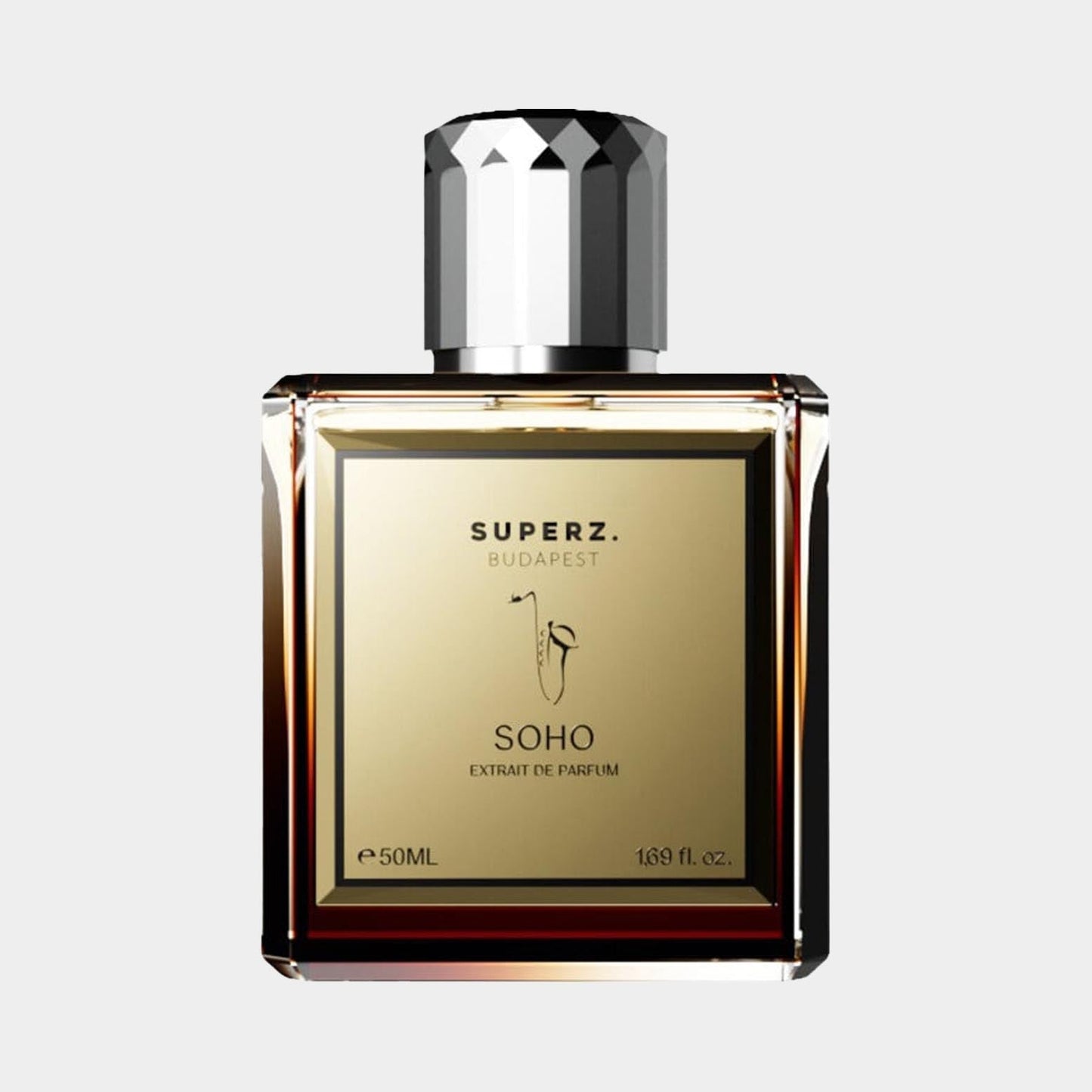 A bottle of Superz Soho Sample, an extrait de parfum, presented in a sleek rectangular design with a golden label and a faceted black cap, containing 50 ml of fragrance.