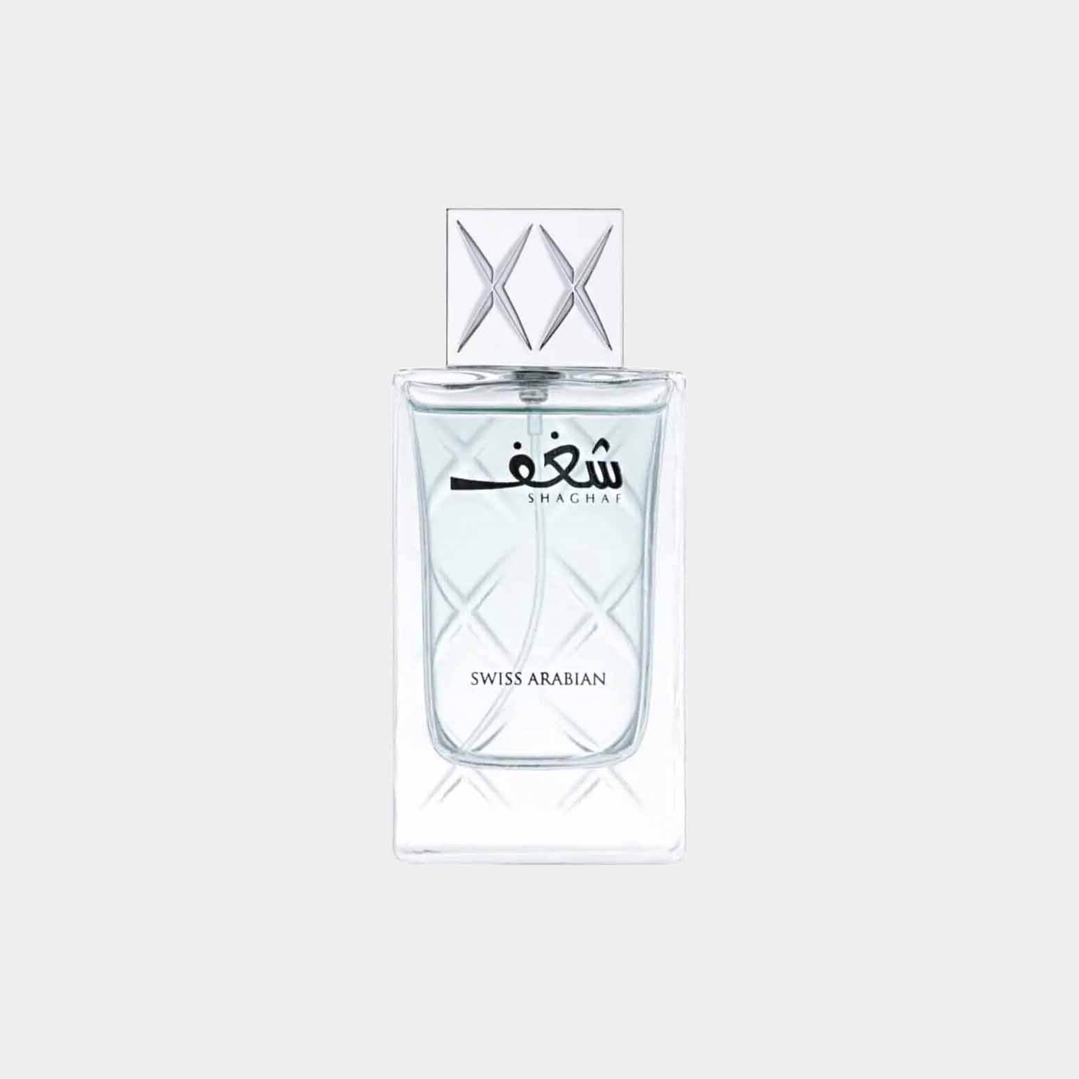 A bottle of Swiss Arabian Shaghaf Men Sample, featuring a sleek design with a silver cap and an elegant label showcasing the fragrance's name. The clear glass allows the fragrance within to be visible.