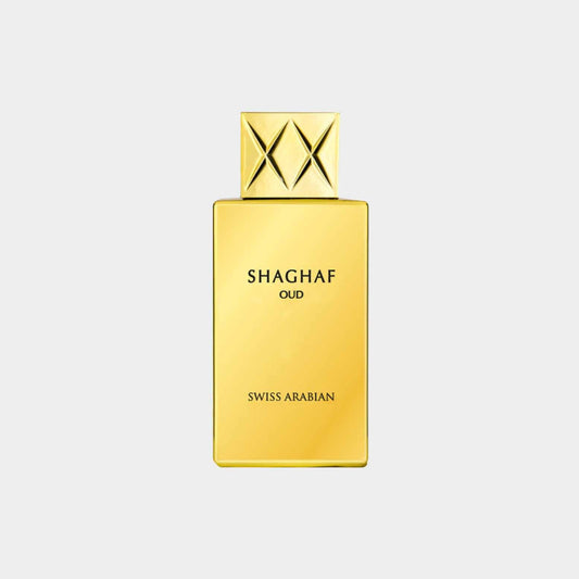 A sleek golden bottle of Swiss Arabian Shaghaf Oud Sample, featuring an elegant design with a distinctive cap. The label prominently displays the name SHAGHAF OUD and the brand SWISS ARABIAN.