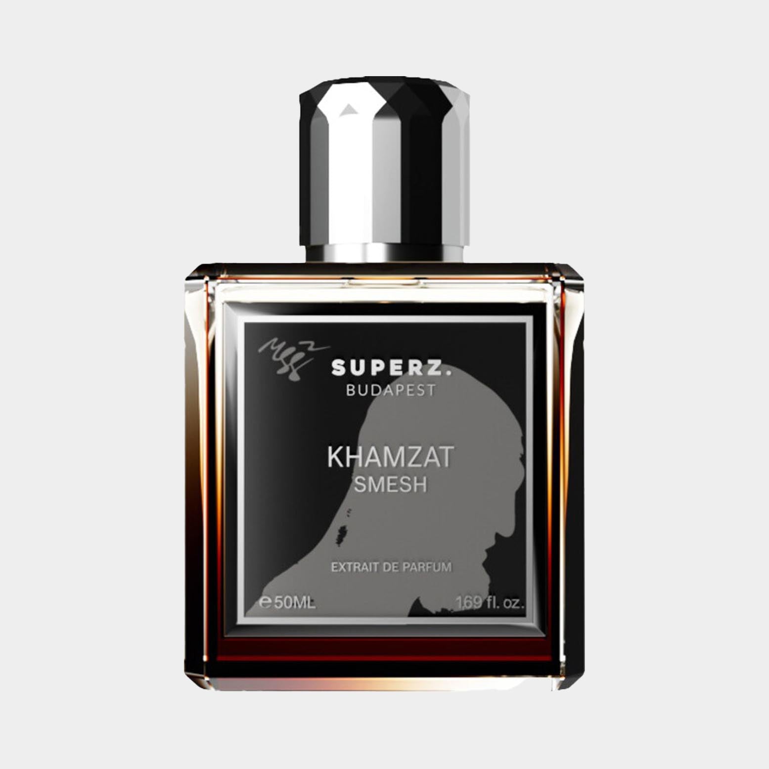 Superz Khamzat Smesh Sample is an elegant 50ml perfume bottle featuring a sleek design and a silhouette label, emphasizing its luxurious fragrance.