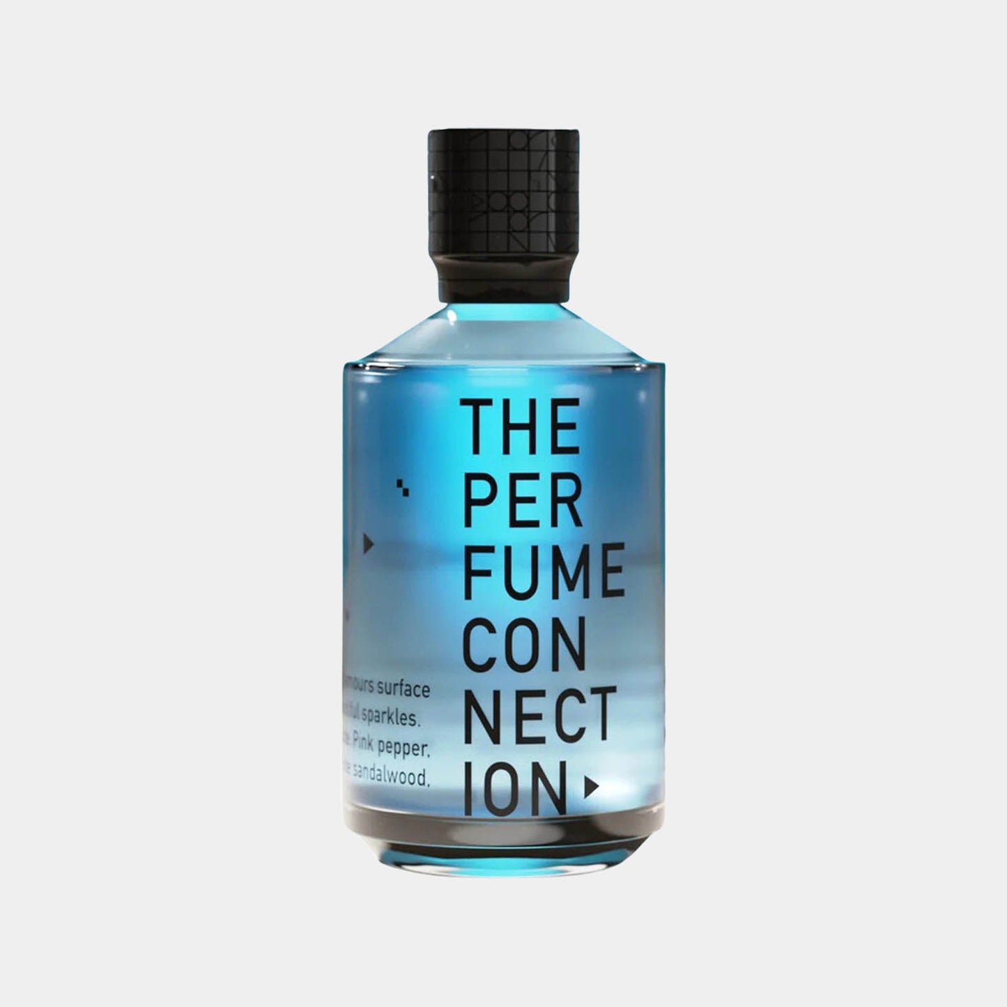 A full bottle of The Perfume Connection (TPC) Cosmo, featuring a sleek design with a clear blue liquid and bold black lettering. The bottle has a textured black cap and a modern aesthetic.