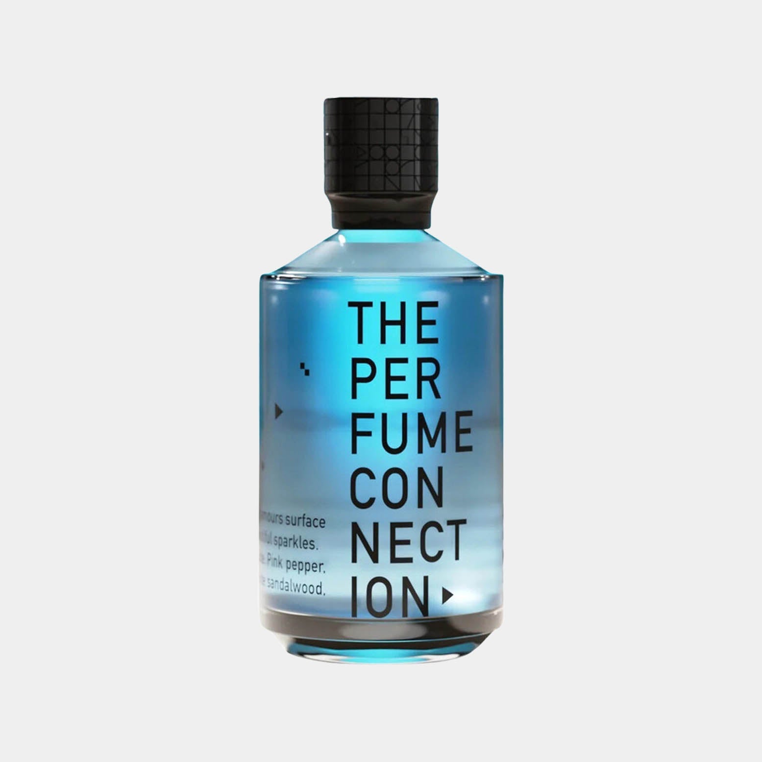 A full bottle of The Perfume Connection (TPC) Cosmo, featuring a sleek design with a clear blue liquid and bold black lettering. The bottle has a textured black cap and a modern aesthetic.