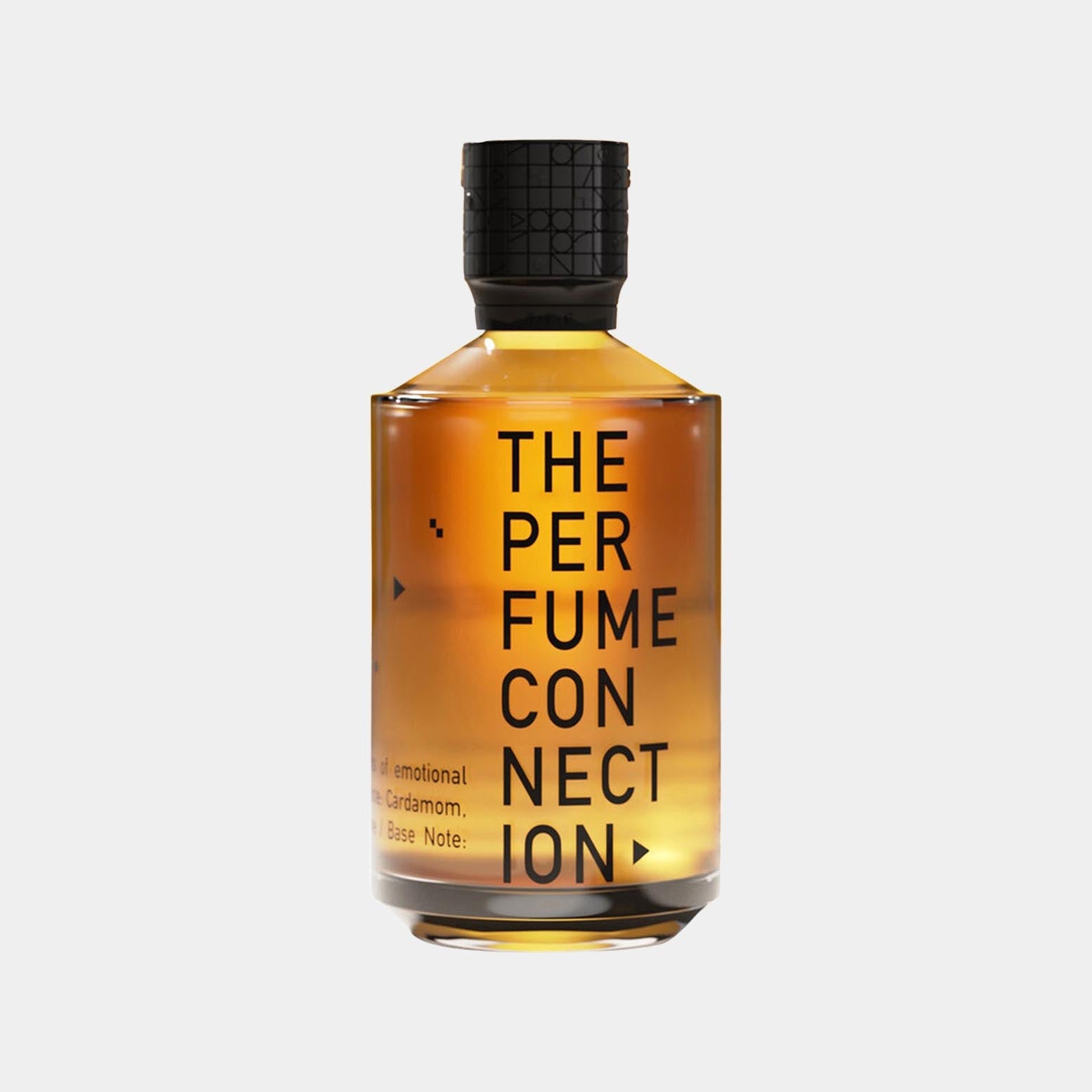 A bottle of The Perfume Connection (TPC) Amber Solar Sample, featuring a minimalist design with bold black lettering against a warm amber liquid. The bottle is topped with a textured black cap.