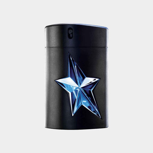Thierry Mugler A*Men EDT Sample in a sleek black bottle featuring a striking blue star design. The sample size is perfect for on-the-go fragrance application.