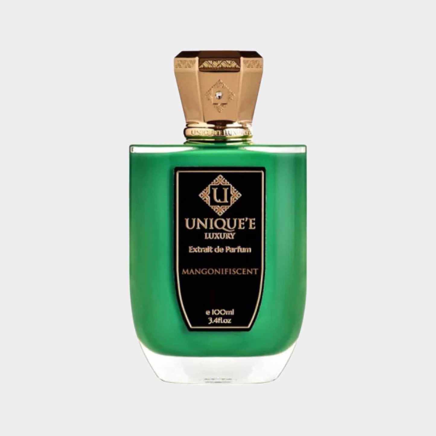 A luxurious green perfume bottle labeled Unique'e Luxury Extrait de Parfum Mangonifiscent, featuring an ornate gold cap and elegant design.