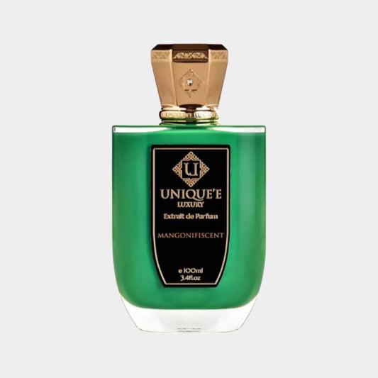 A luxurious green perfume bottle labeled Unique'e Luxury Extrait de Parfum Mangonifiscent, featuring an ornate gold cap and elegant design.