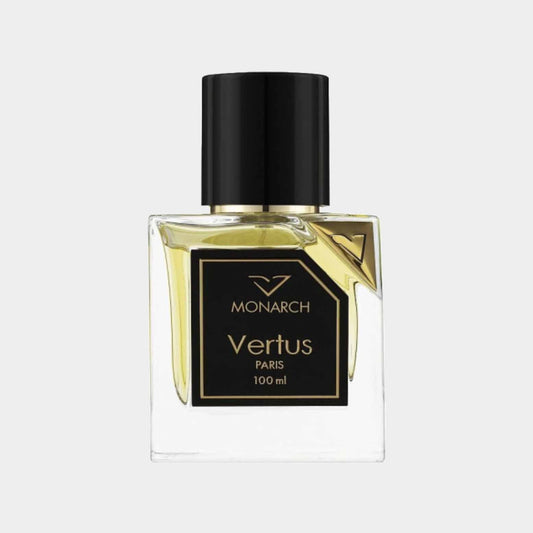 Vertus Monarch full bottle, a sleek 100 ml glass fragrance bottle with a black cap and elegant label, showcasing a luxurious scent.