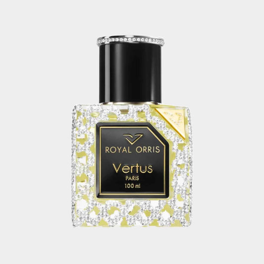 A luxurious sample bottle of Vertus Royal Orris perfume, featuring a sparkling decorative design and a sleek black cap, containing 100 ml of fragrance.