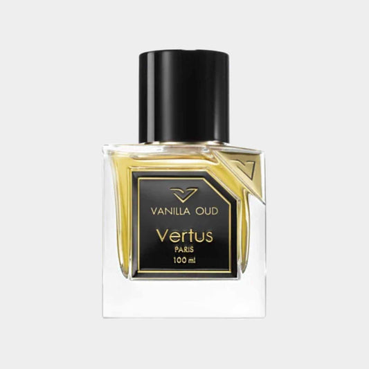 Full bottle of Vertus Vanilla Oud fragrance, featuring a sleek glass design with a black cap and gold accents, housed in a 100 ml container.