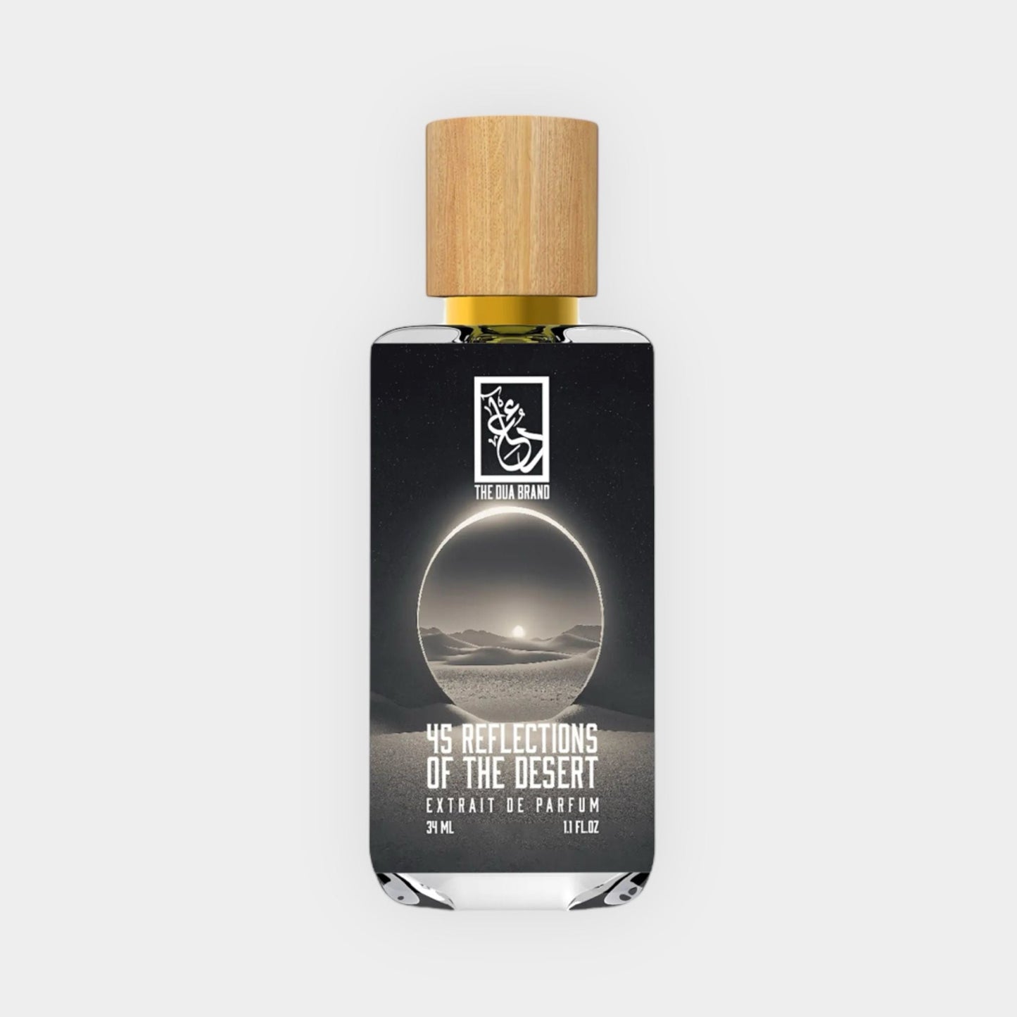 A sleek bottle of perfume labeled Dua 45 Reflections Of The Desert Sample, featuring a minimalist design and a wooden cap, set against a subtle background. The label highlights its luxurious fragrance profile as an extrait de parfum.