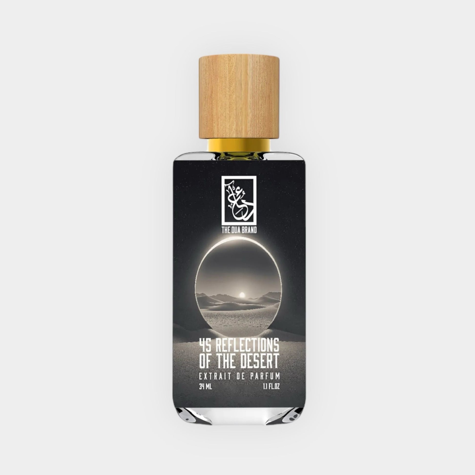 A sleek bottle of perfume labeled Dua 45 Reflections Of The Desert Sample, featuring a minimalist design and a wooden cap, set against a subtle background. The label highlights its luxurious fragrance profile as an extrait de parfum.