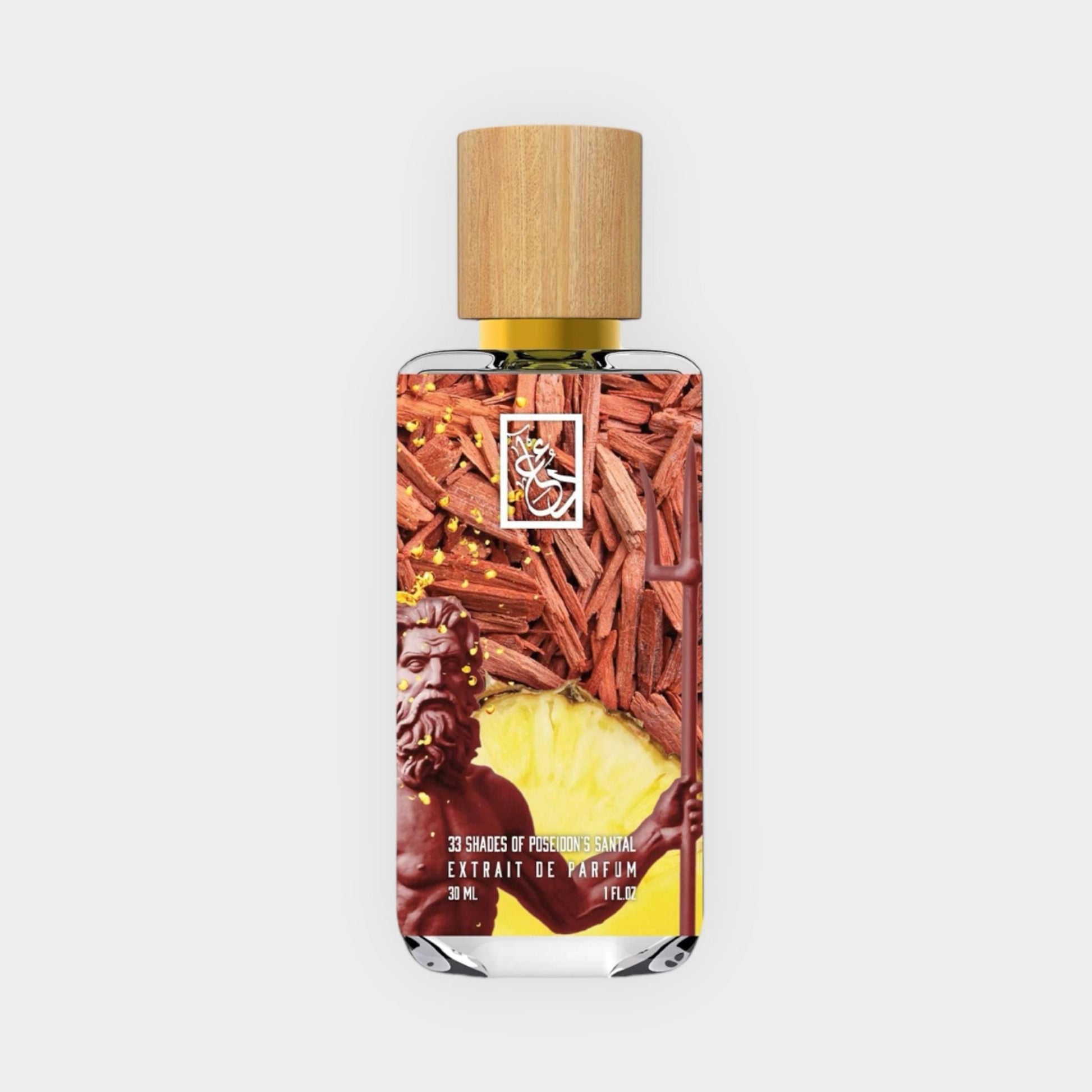 A bottle of Dua 33 Shades Of Poseidon’s Santal Sample, featuring an artistic design with sandalwood and a figure resembling Poseidon. The bottle is capped with a natural wooden top and labeled as an extrait de parfum.