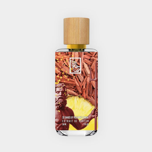 A bottle of Dua 33 Shades Of Poseidon’s Santal Sample, featuring an artistic design with sandalwood and a figure resembling Poseidon. The bottle is capped with a natural wooden top and labeled as an extrait de parfum.