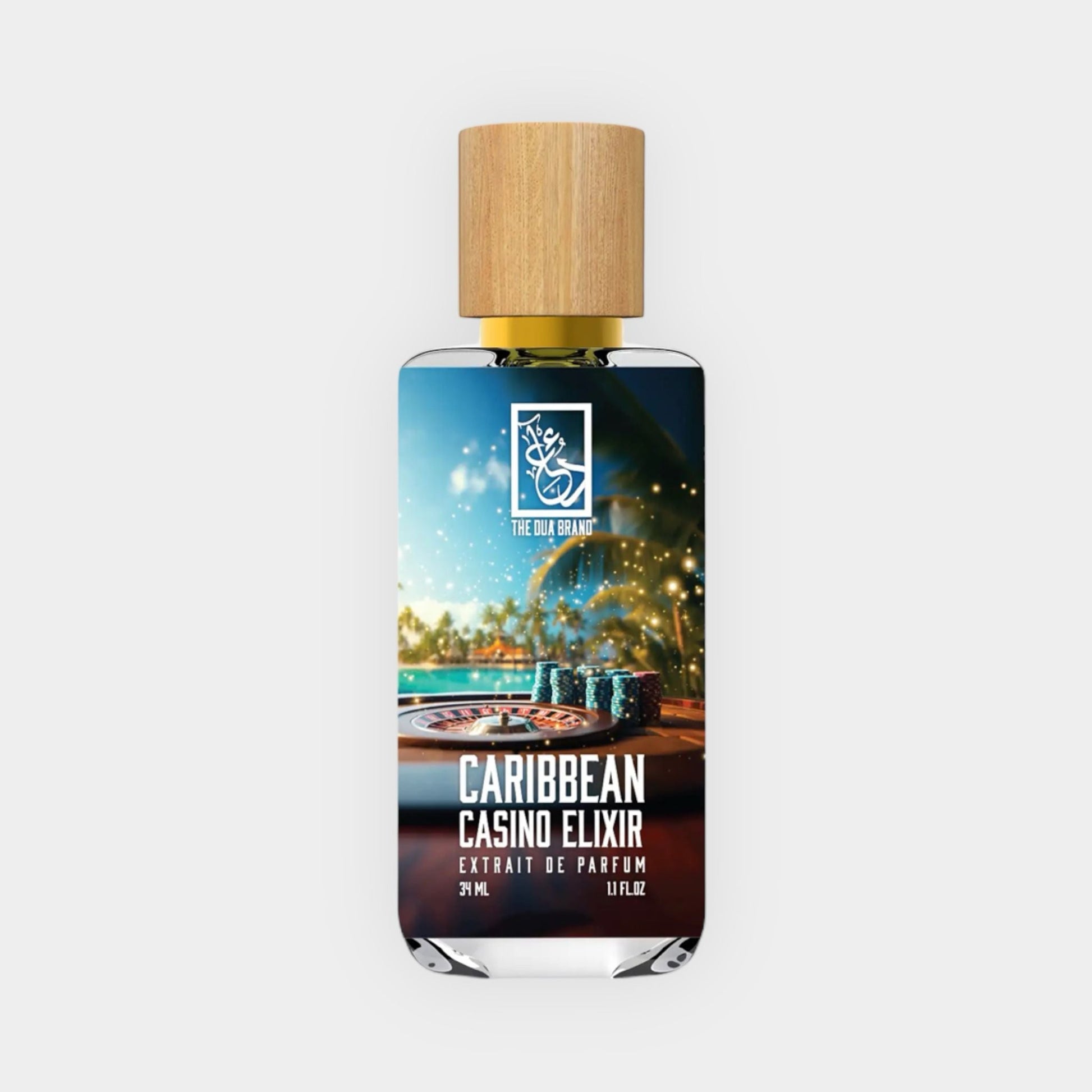 Dua Caribbean Casino Elixir Sample, a 37 ml extrait de parfum in a sleek bottle with a wooden cap, featuring a vibrant casino-themed label.